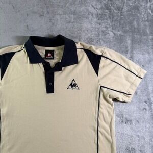 VTG Le Coq Sportif Polo Shirt Mens Small Beige Black Casual Short Sleeve (Read)